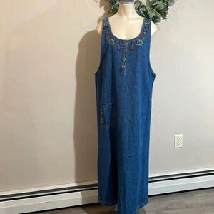 CJ Banks Maxi Denim Sleeveless Jumper Dress Fall Embroidery 14W